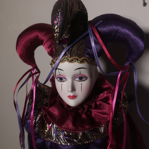 San Francisco Music Box 24" Harlequin Jester Porcelain Doll New Orleans Purple - Picture 2 of 10